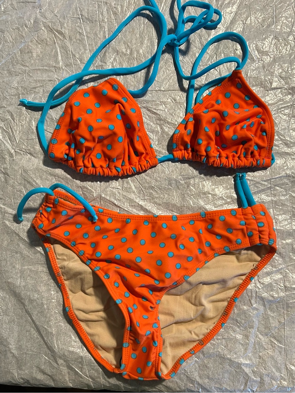 Orange Polka Dot Bikini with Blue Trim by LAN’BORA. Made in Brazil.. Never worn.
